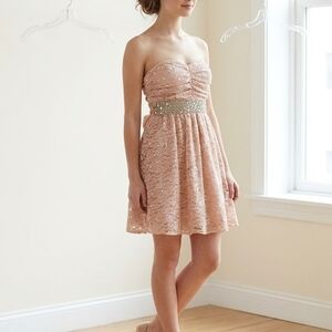 My Michelle Strapless Lace Dress in Blush with Silver Accents